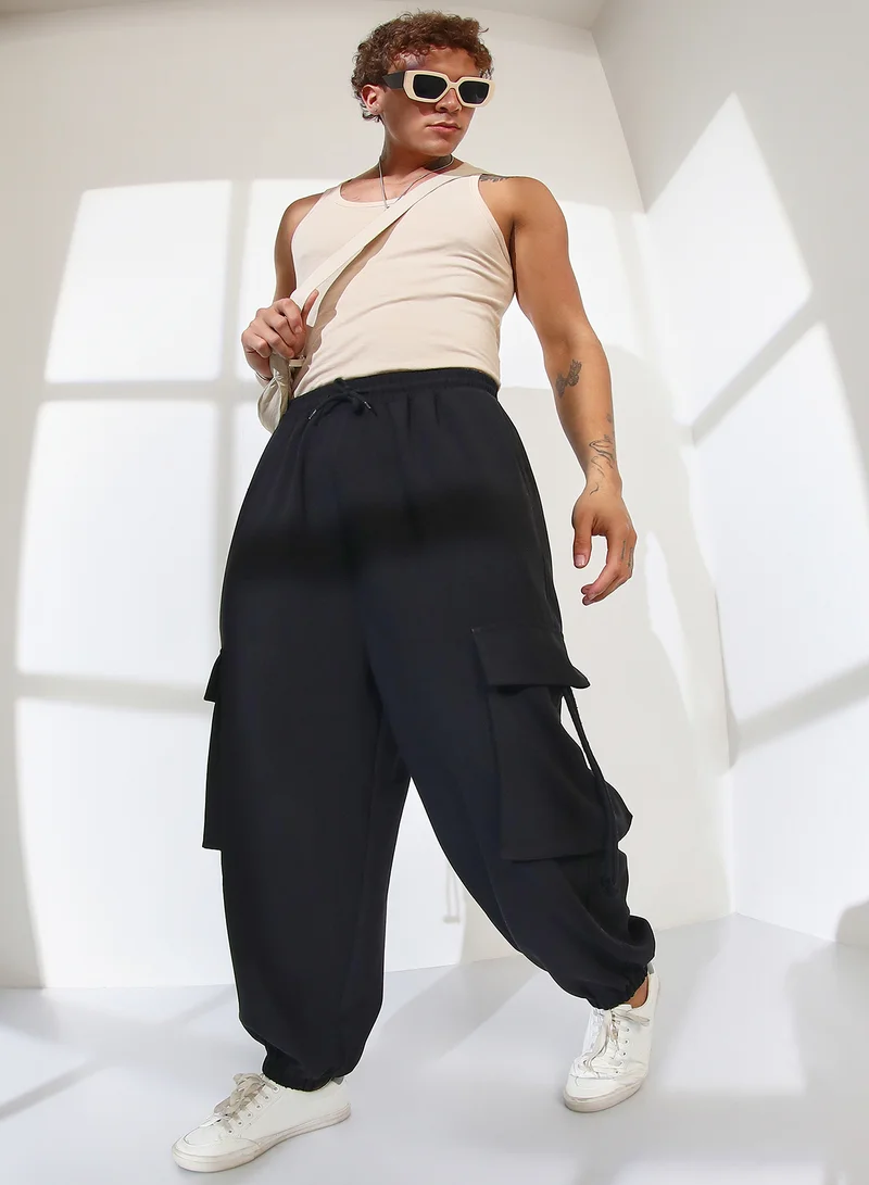 CAHOOT  Men's Charcoal Black Cuffed Baggy Utility Trousers For Casual Wear | Mid-Rise | 4 Pockets | Drawstring Closure | Cargo Pants Crafted With Comfort Fit For Everyday Wear for Men | Best Price UAE